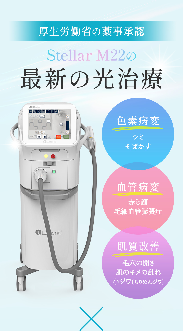 厚生労働省の薬事承認 最新の光治療 ステラM22 シミ・そばかす 赤ら顔・毛細血管膨張症 毛穴の開き・肌のキメの乱れ・小ジワ・ちりめんジワ