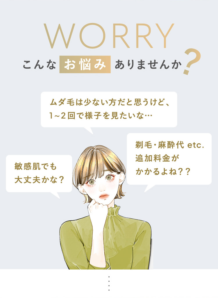 こんなお悩みありませんか？ ムダ毛は少ない方だと思うけど、1〜2回で様子を見たいな 敏感肌でも大丈夫かな？ 剃毛・麻酔代、追加料金がかかるよね？