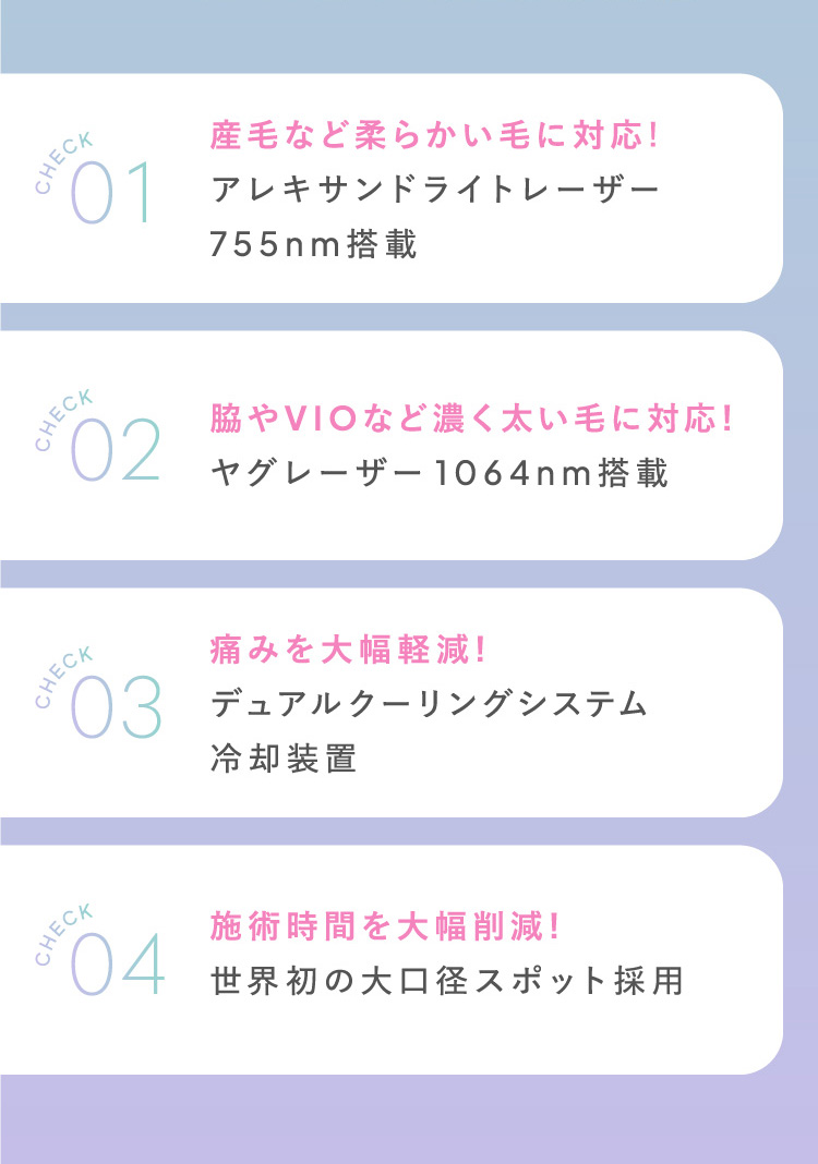 産毛など柔らかい毛に対応 脇やVIOなど濃く太い毛に対応 施術時間を大幅削減