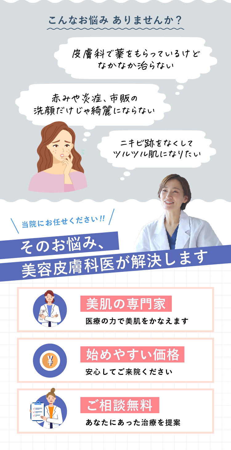 美容皮膚科医が医療の力で美肌をかなえます 始めやすい価格 ご相談無料