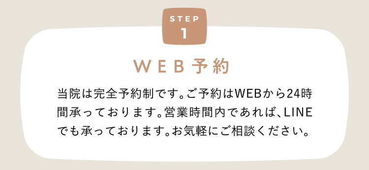 Step1 Web予約 当院は完全予約制です。ご予約はWEBから24時間承っております。営業時間内であれば、お電話でも可能です。